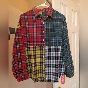 NWT ROMWE Plaid Colorblock Button Front Shirt Size XS